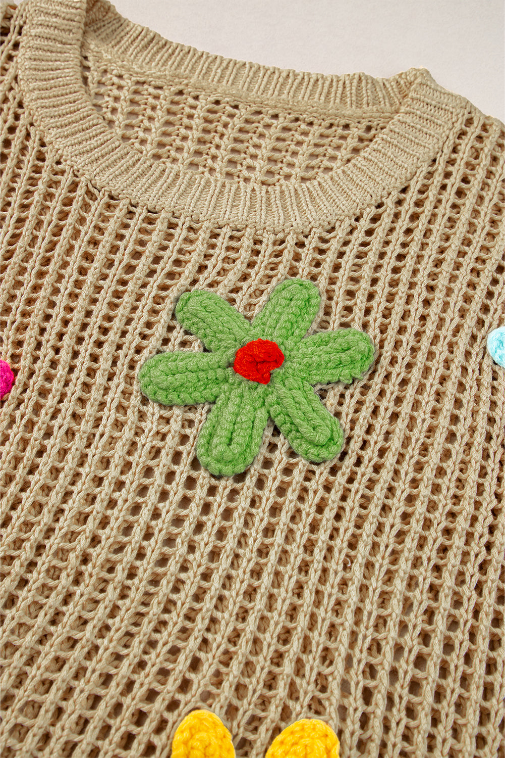 Helles french beige häkelblumen-hohlsaum-pullover-t-shirt