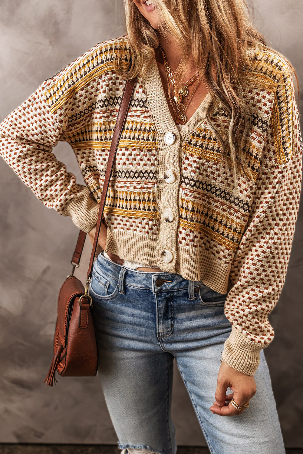 Khaki geknöpfter v-ausschnitt gekürzte strickjacke