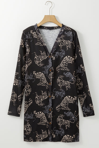 Schwarze wild tiger print knopfleiste strickjacke