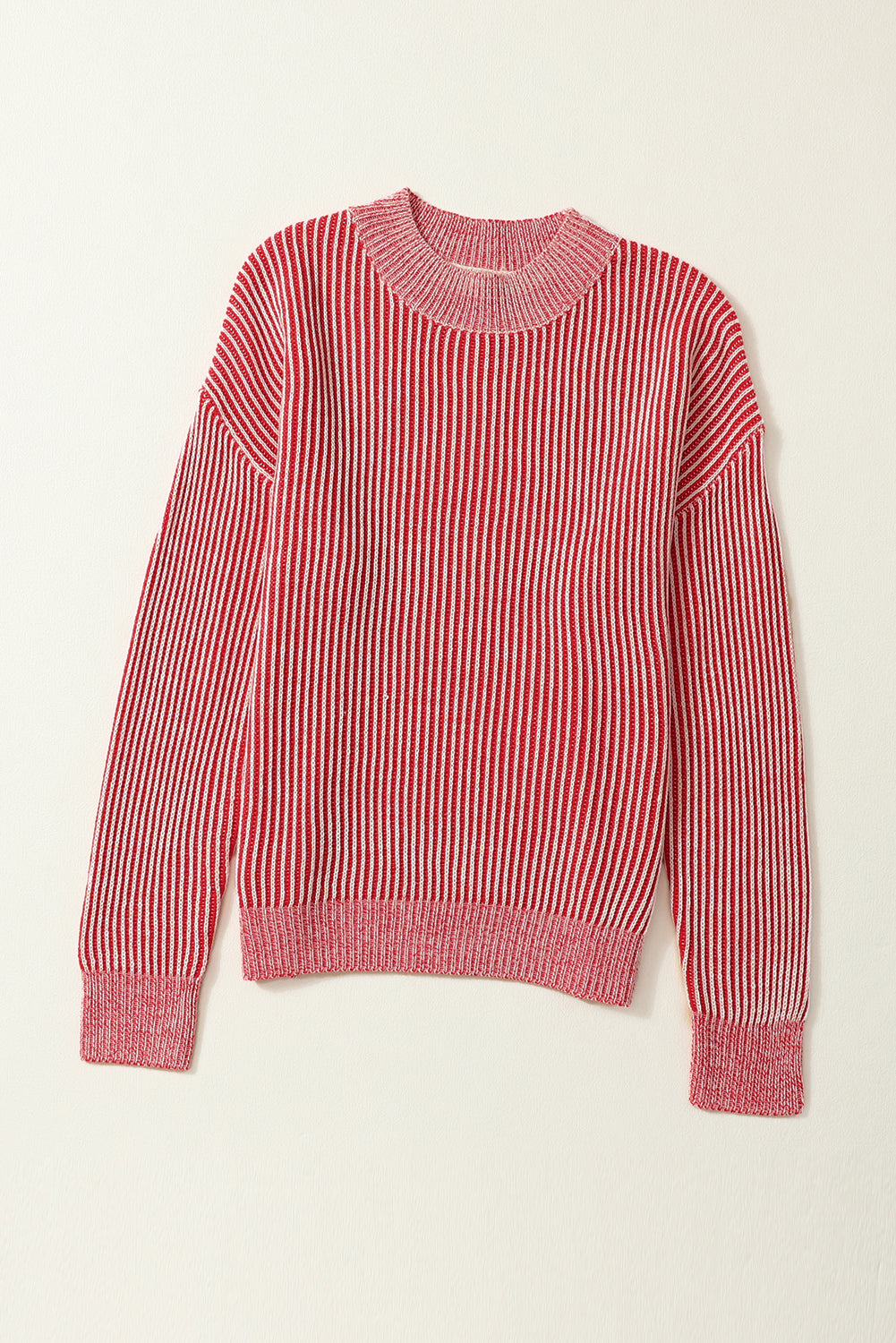 Gestreifter druck gerippter besatz pullover mit rundhalsausschnitt