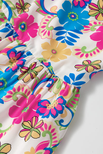 Rosenrotes gestreiftes Maxikleid mit selbstbindenden Trägern und Blumenmuster