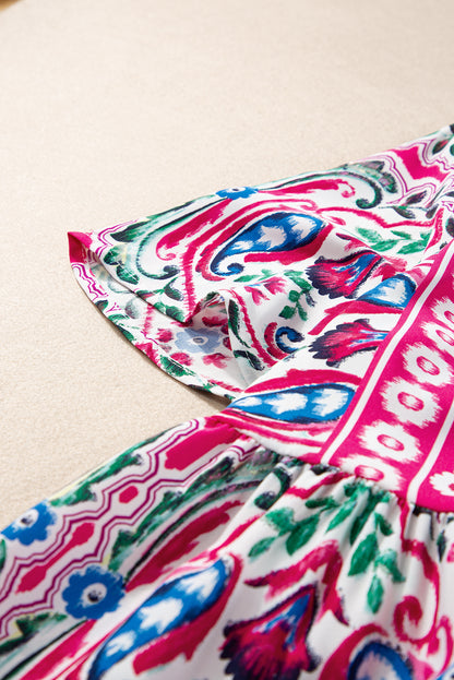Rosa bohemian print krawattenausschnitt rüschensaum kurzes kleid