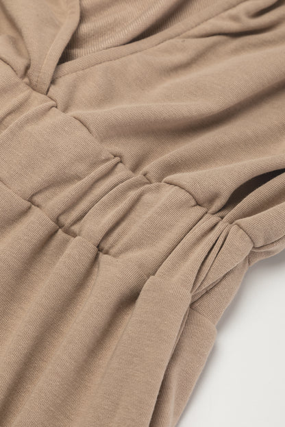 Light french beige cap sleeve open back drawstring jogger jumpsuit