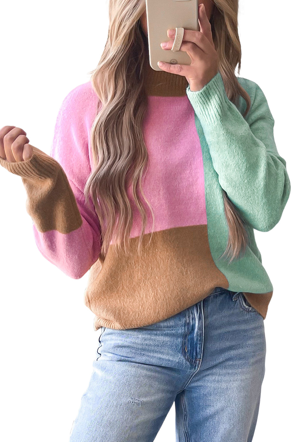 Mehrfarbiger colorblock-pullover mit geripptem halsausschnitt