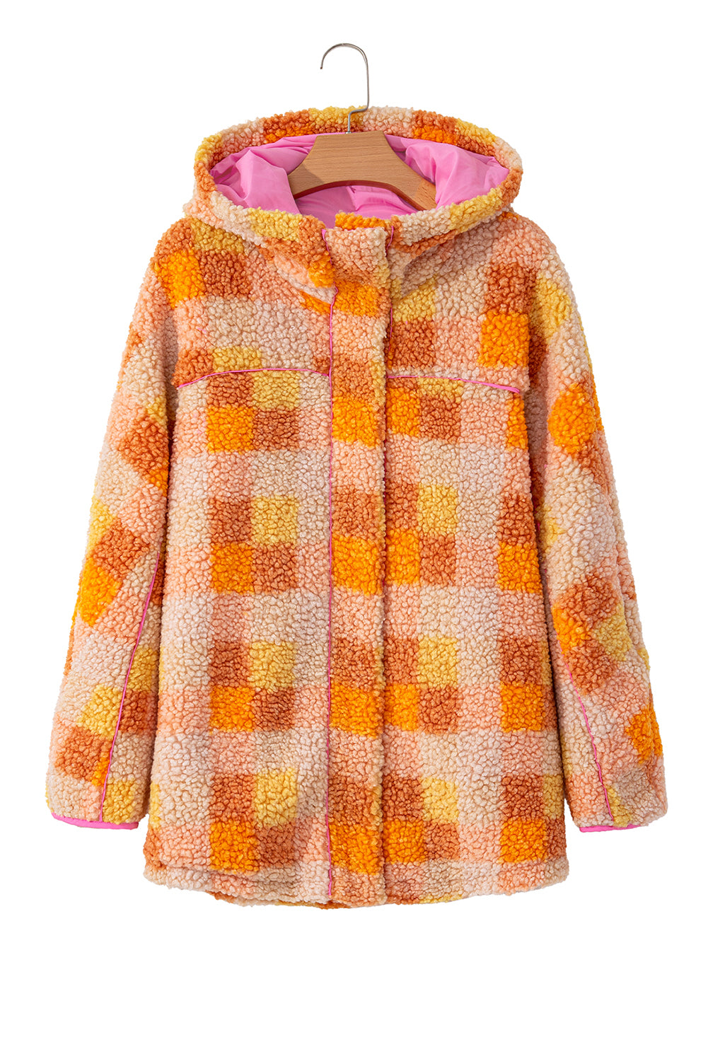 Orange karierte sherpa-kapuzenjacke
