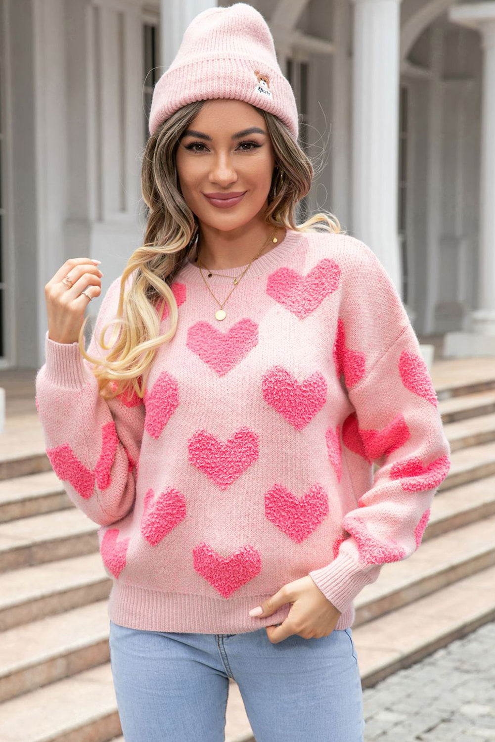 Hellrosa valentinstag herz-jacquard-strickpullover