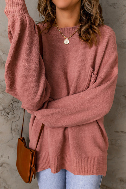 Unifarbener pullover mit puffärmeln und taschen