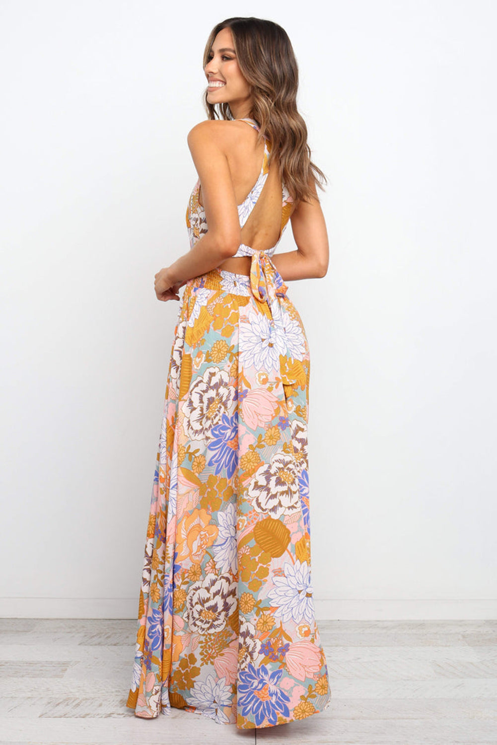 Orange boho floral rückenfreie spitze ärmelloses maxikleid