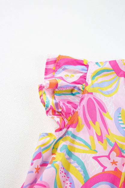 Rosa abstraktes kleid mit rüschenbesatz und geknöpften ärmeln
