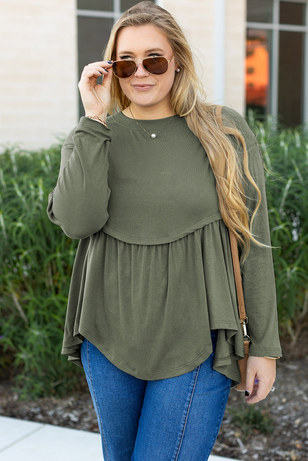 Nebelgrünes plus size thermostrick-babydoll flare top