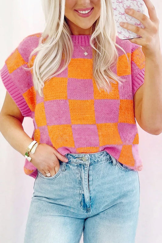 Strawberry pink colorblock plaid pattern ribbed trim sweater tank top