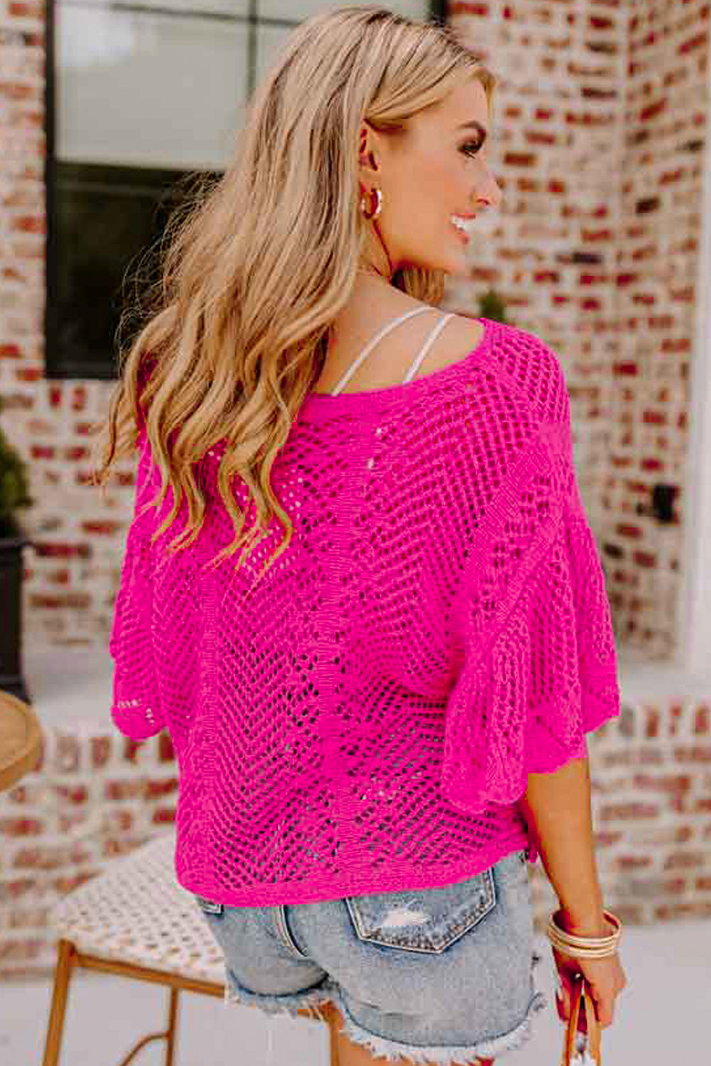 Rose red pointelle knit jakobsmuschel rand kurzarm top