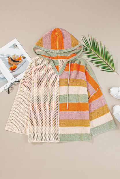 Beige übergroßer colorblock pullover mit kapuze und v-ausschnitt