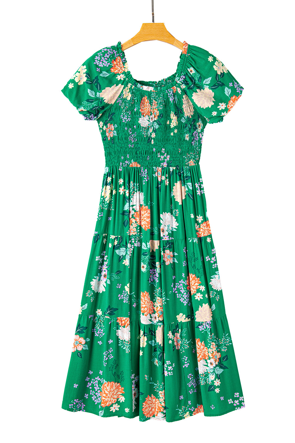 Grünes midikleid mit blümchendruck und gesmokten ärmeln