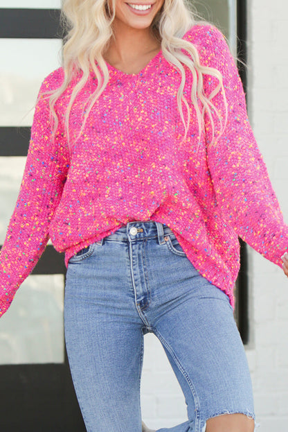 Dunkelrosa bunte flecken gestrickt v-ausschnitt casual pullover