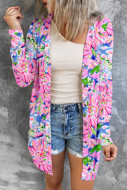 Rosa blumenprint langarm strickjacke mit knopfleiste