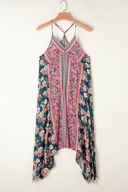 Rosa Bohème floraler Patchworkdruck langes Sommerkleid