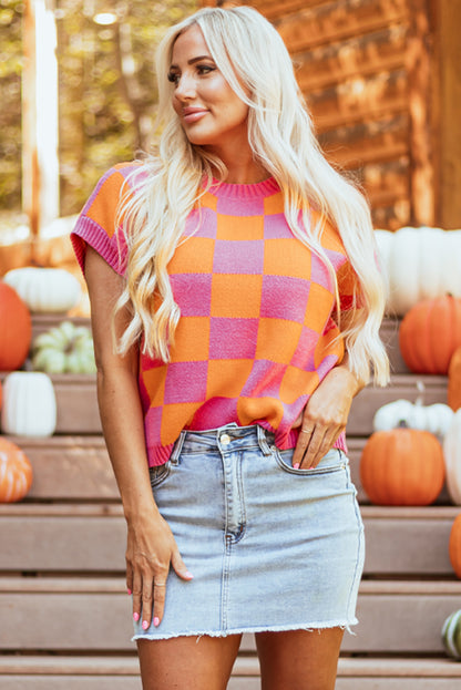 Strawberry pink colorblock plaid pattern ribbed trim sweater tank top