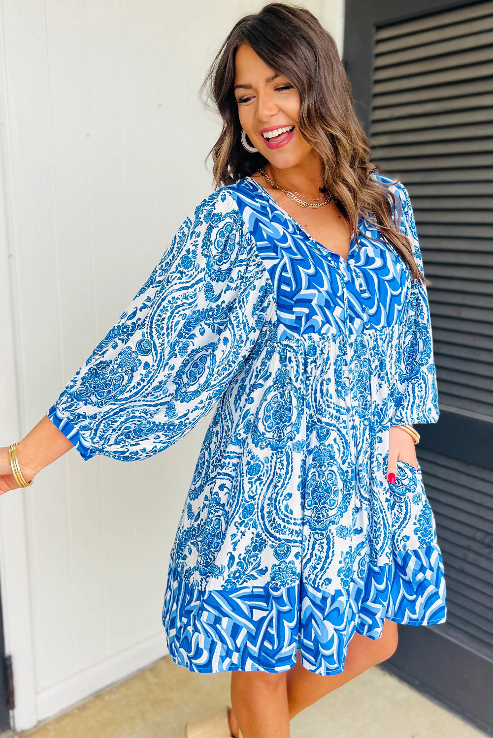 Himmelblau bohemian print puff sleeve tied v neck flared mini dress