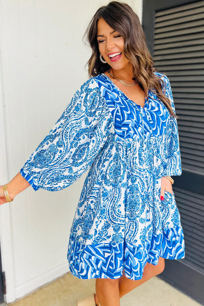 Himmelblau bohemian print puff sleeve tied v neck flared mini dress