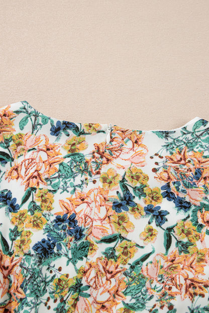Himmelblau floral 3/4 ärmel v-ausschnitt hohe taille gerafftes kleid