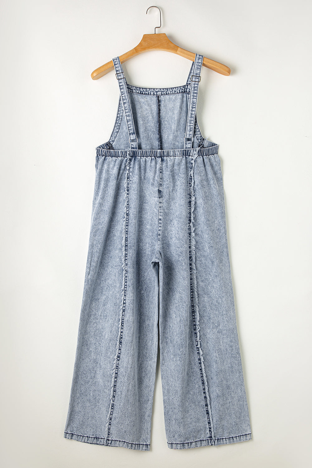 Beau blue light wash ausgefranste exponierte naht weites bein denim overall