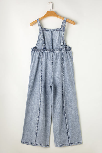 Beau blue light wash ausgefranste exponierte naht weites bein denim overall