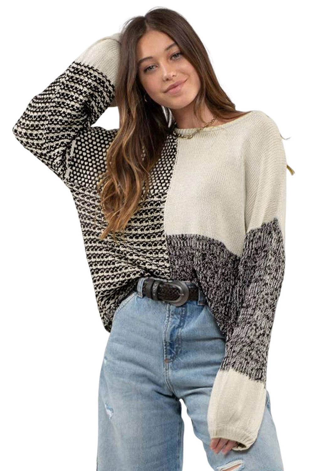 Schwarzer neutraler colorblock pullover zum binden