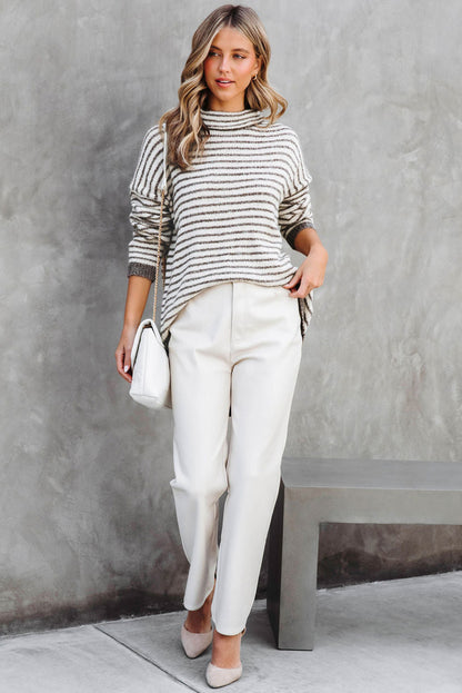 Khaki gestreifter rollkragenpullover lose pullover