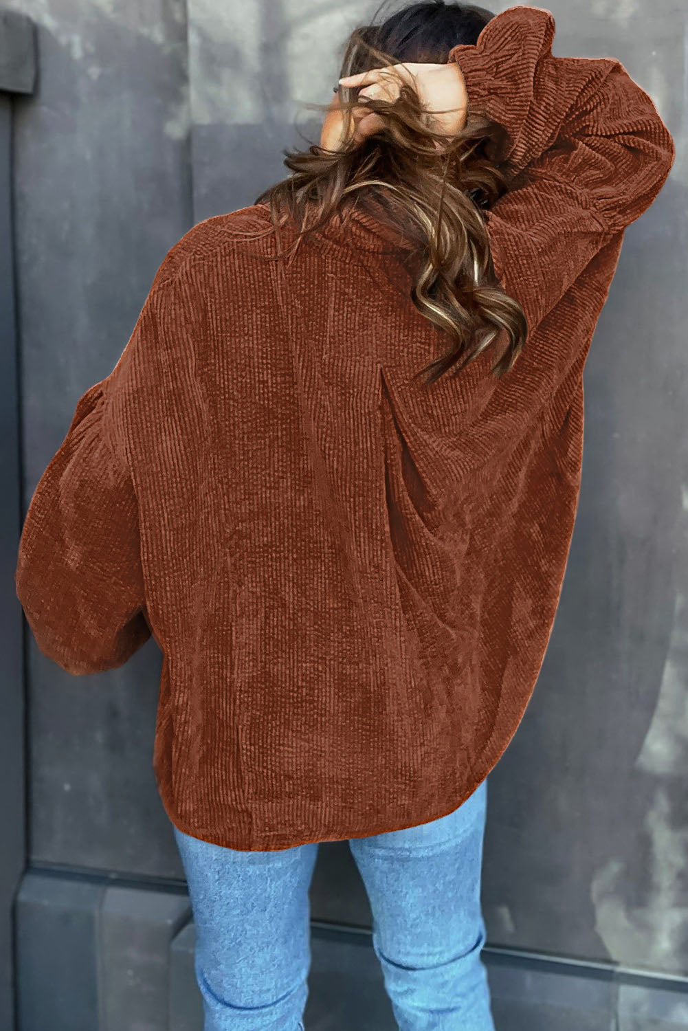 Kaffee strukturierte kordjacke mit puffärmeln