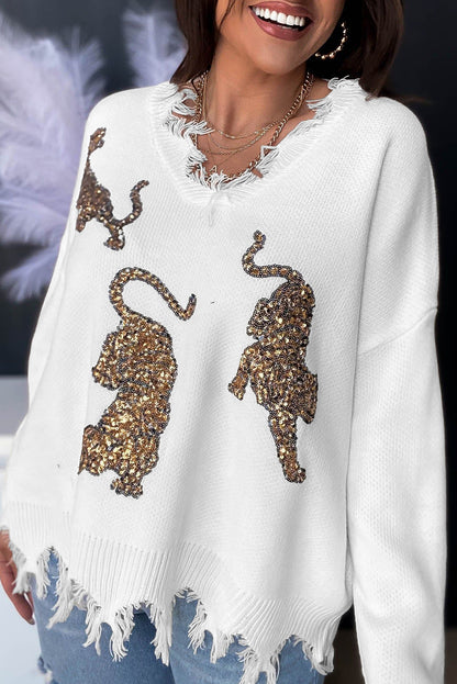 Weißer ausgefranster pailletten-tiger-pullover