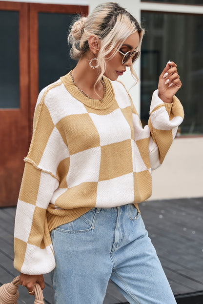 Khaki karierter pullover mit läuferärmeln