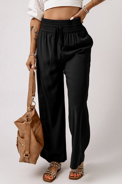 Schwarzer kordelzug elastische taille lässige hose mit weitem bein