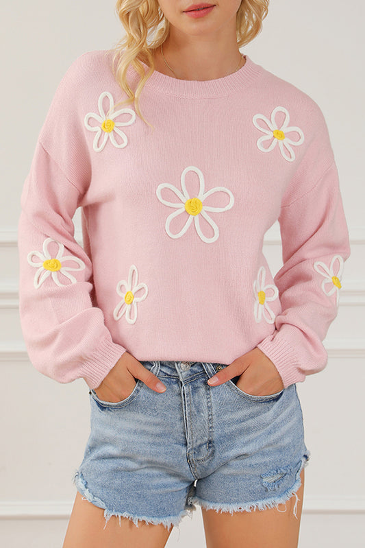 Rosa chenille daisy stitching rundhalsausschnitt pullover