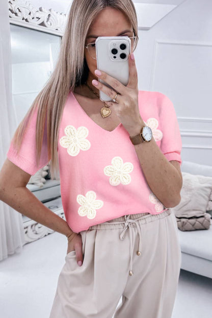 Rosa blume gehäkelt v-ausschnitt kurzarm pullover