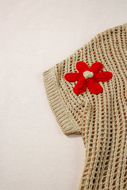 Helles french beige häkelblumen-hohlsaum-pullover-t-shirt