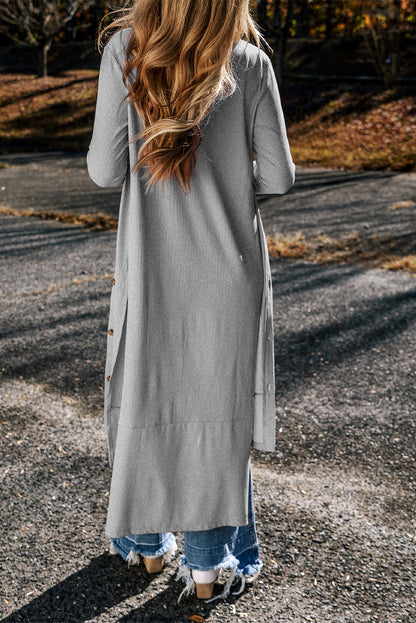Grauer gerippter, geteilter duster cardigan mit knopfleiste