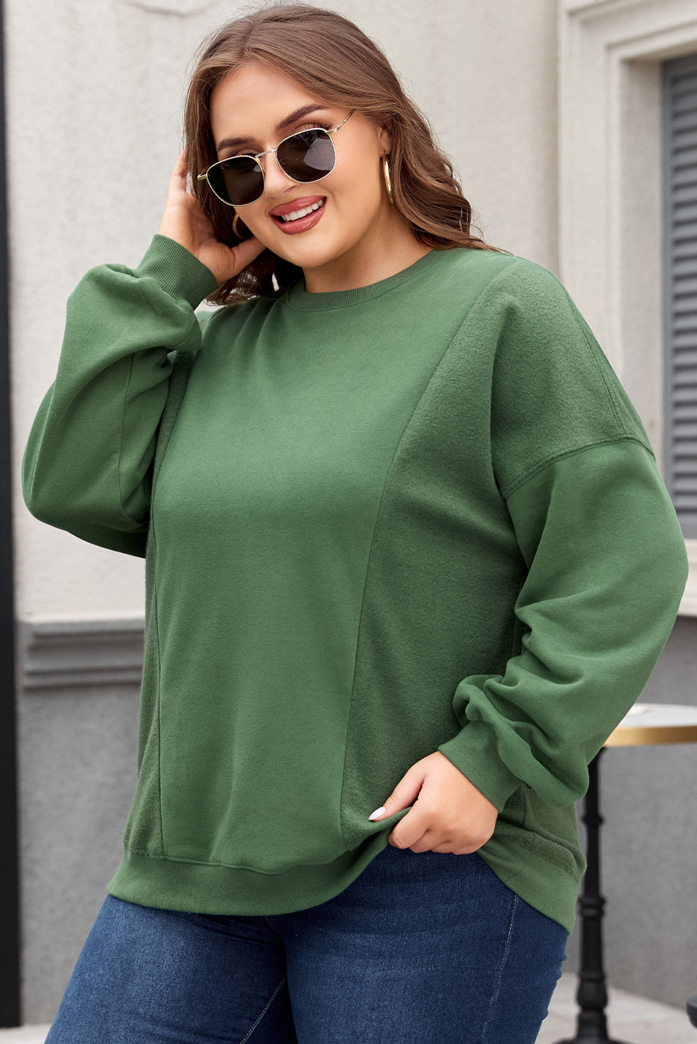 Grünes Sweatshirt Damen in Übergröße mit Rundhalsausschnitt Damen