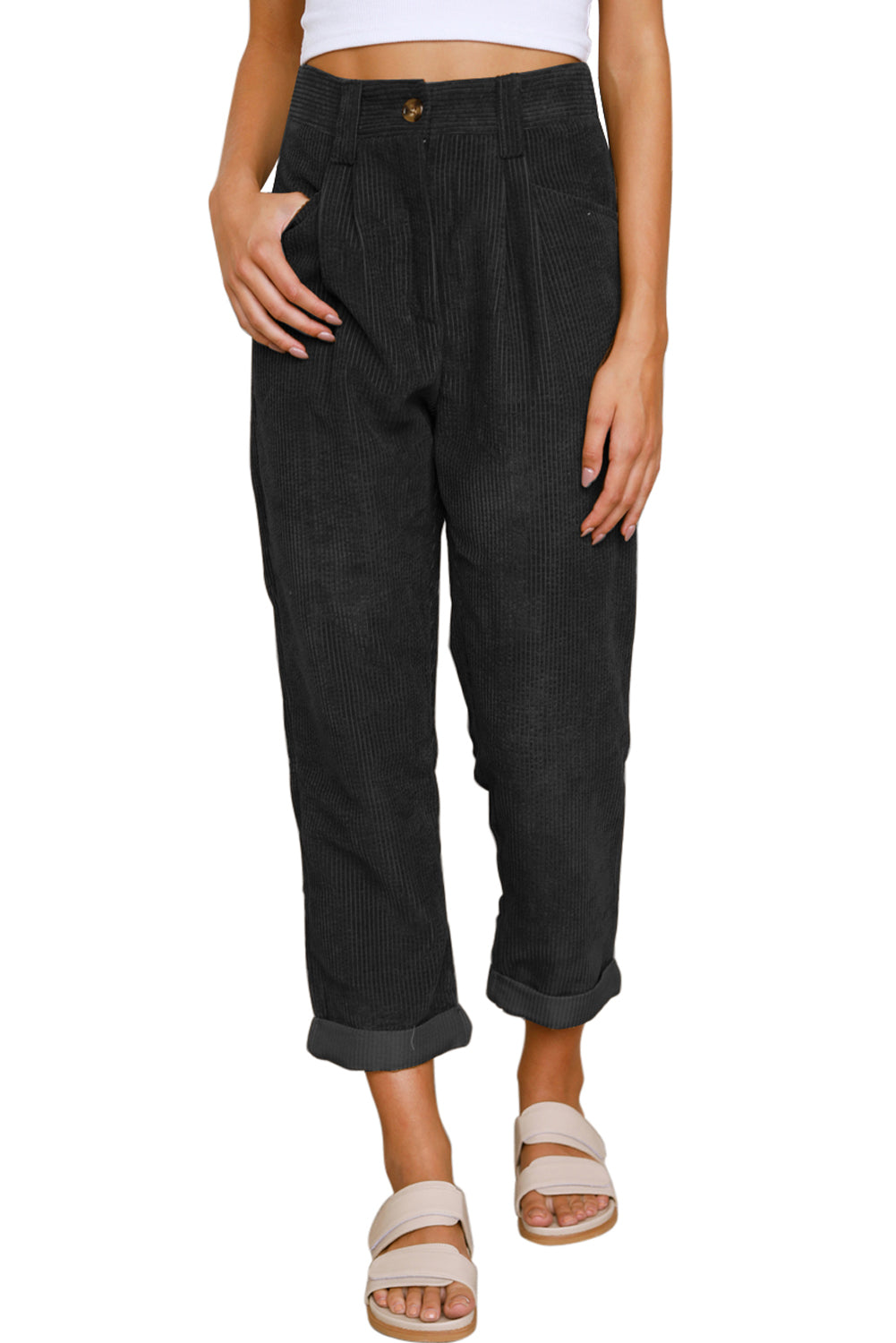 Schwarze cordhose mit hoher taille und geradem bein