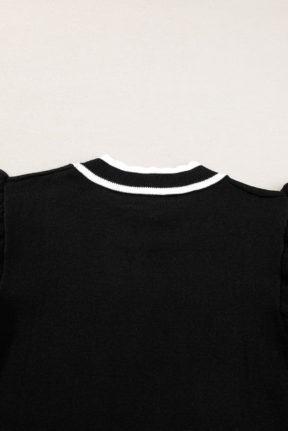 Schwarzer rand paspel geraffte ärmel rundhalsausschnitt stricken t shirt