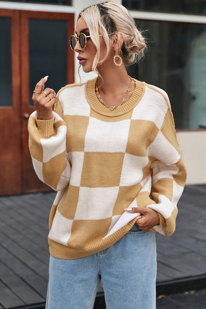 Khaki karierter pullover mit läuferärmeln