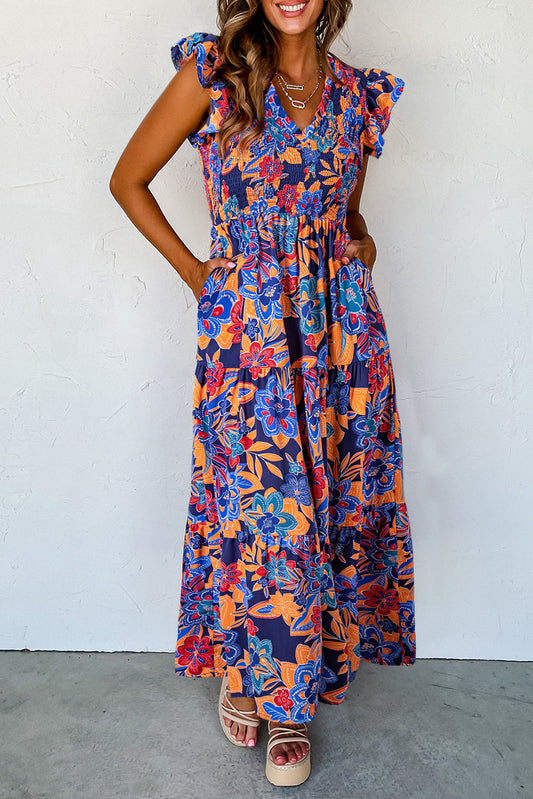 Dunkelblau boho floral v-ausschnitt rüschen gestreiftes langes kleid
