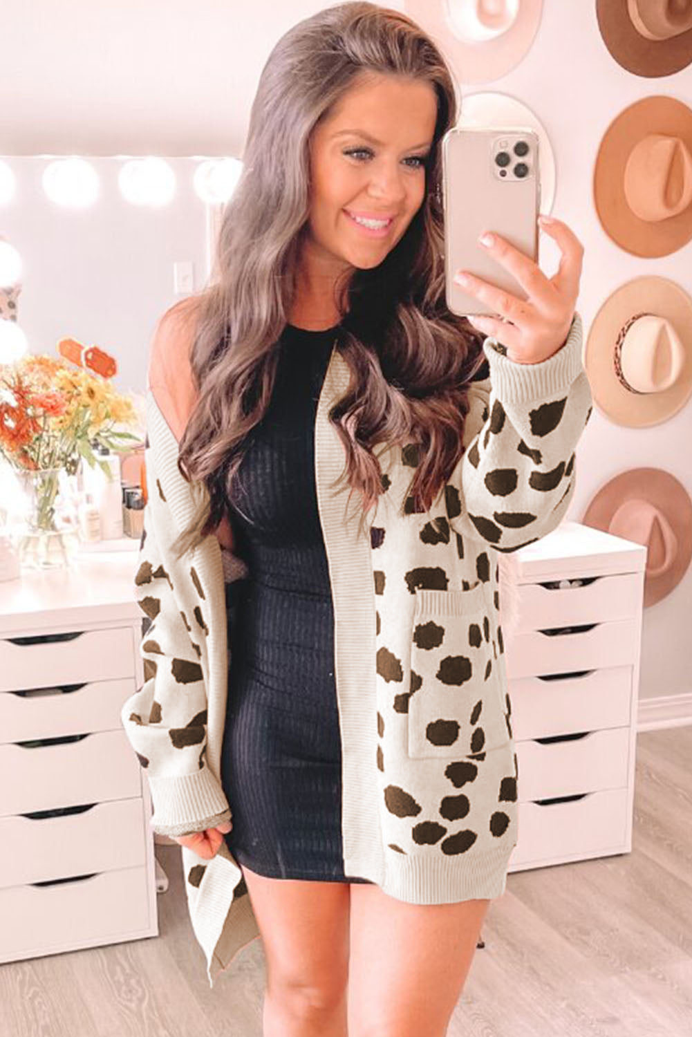 Leopardentier fleckenmuster strickjacke mit offener vorderseite