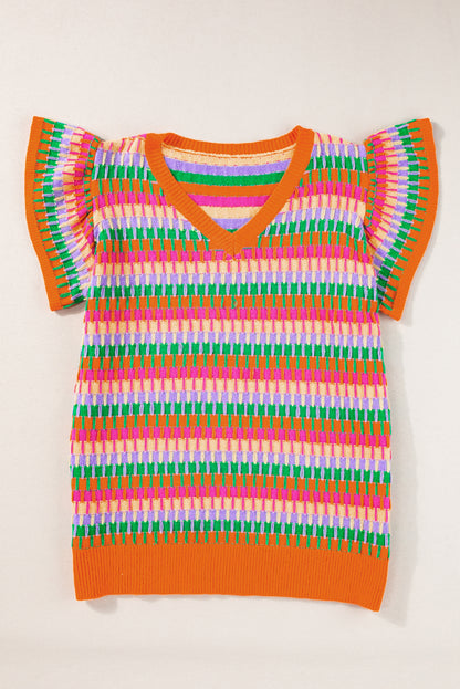 Orange multi flatterärmel strickpullover top