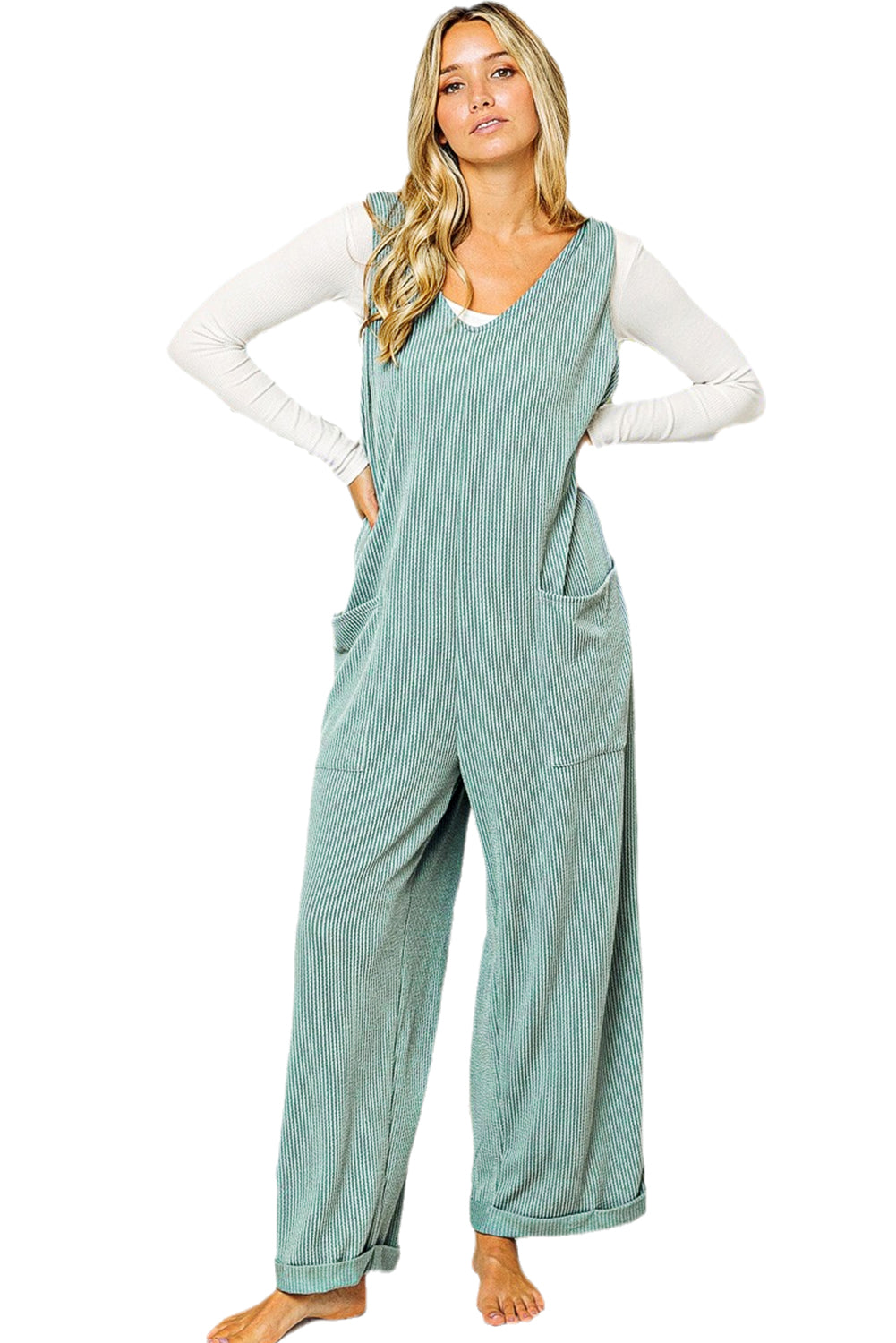 Moonlight jade kordelzug riemen v-ausschnitt weites bein jumpsuit