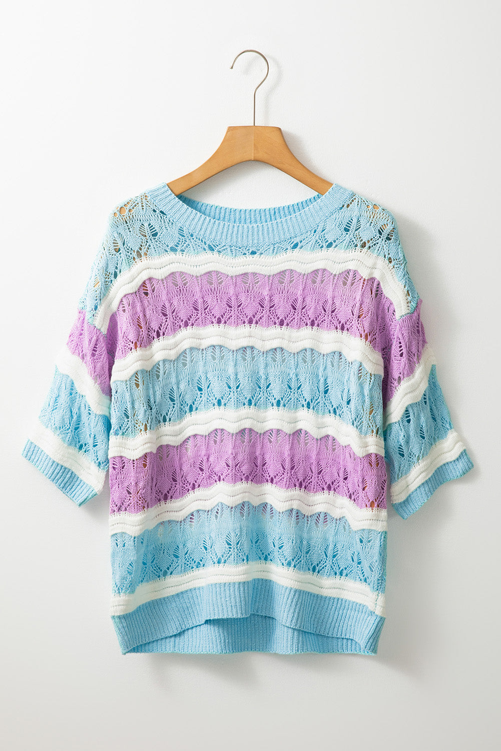 Lila streifen farbe block hollow out crochet halbe ärmel pullover