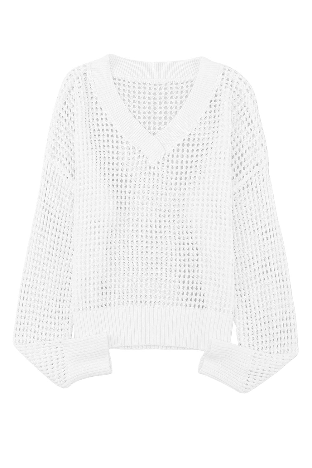 Weißer, hohl gestrickter pullover mit lockerem v-ausschnitt