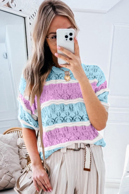 Lila streifen farbe block hollow out crochet halbe ärmel pullover