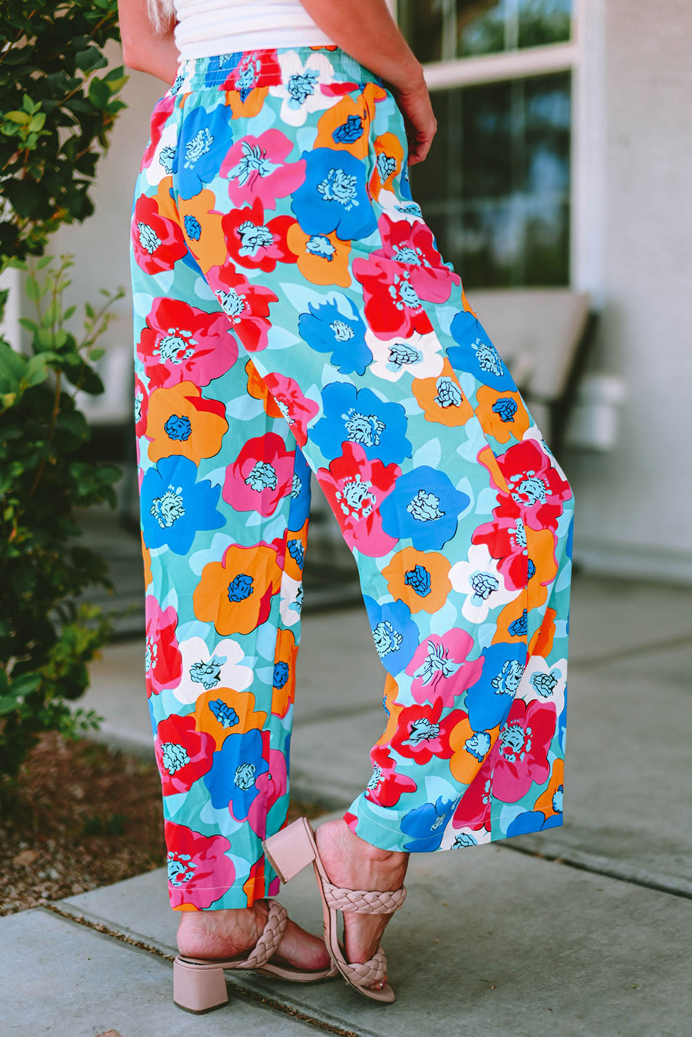 Mehrfarbige abstrakte florale druck kordelzug breite taille hose