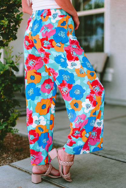 Mehrfarbige abstrakte florale druck kordelzug breite taille hose